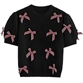 Vimida Women's Sweaters Knitted O-Neck Puff Short Sleeve Pullover Tops Casual Bow Knitwear T Shirts Blouses