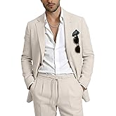 Fxzpiodi Retro Mens Linen Suit 2 Piece Slim Fit Suits Set Linen Tuxedos Jackets Blazer Drawstring Pants Beach Wedding Prom for Men Beige 3XL