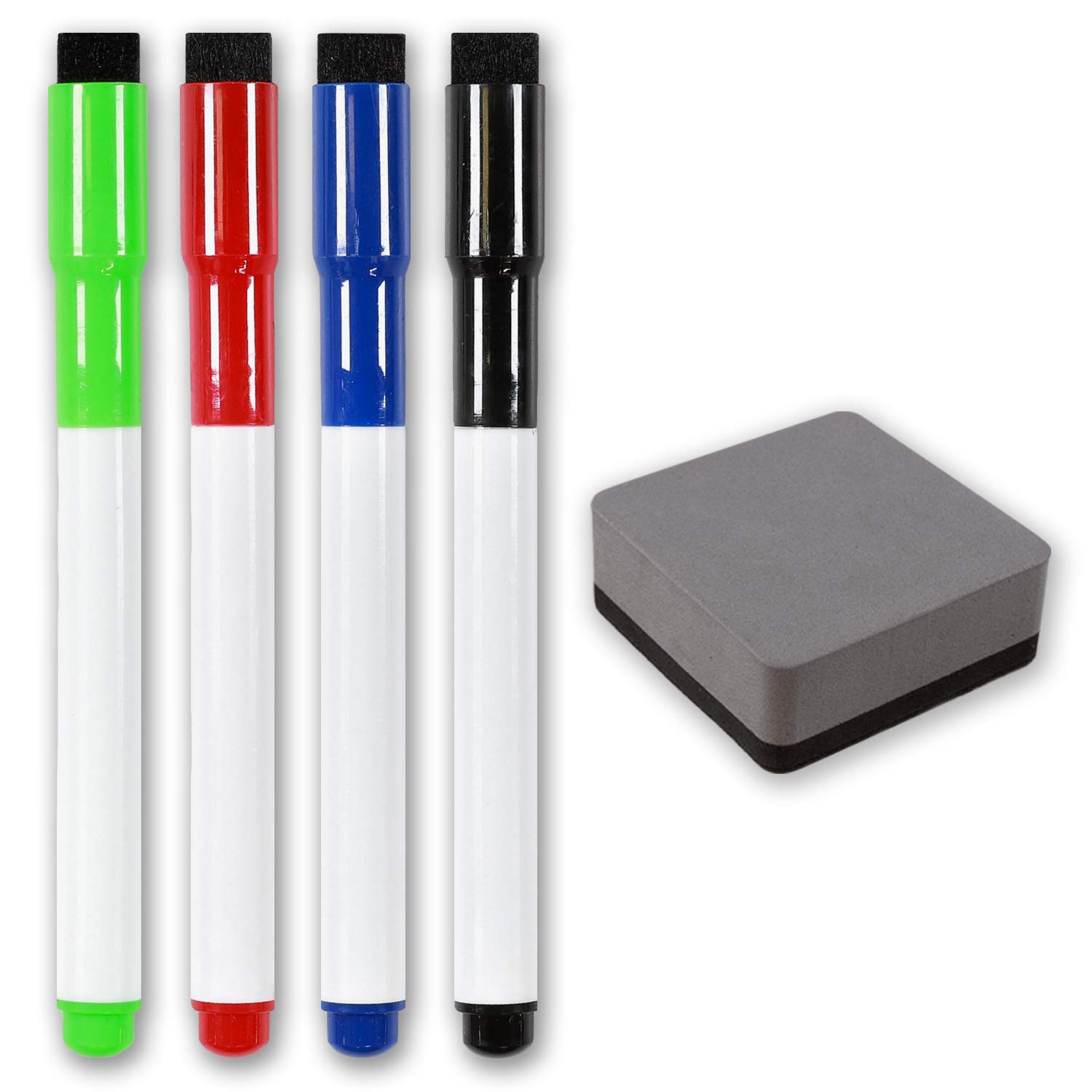 The Magnet Shop TMS Magnetic Whiteboard Marker, Dry Wipe Pens and Magnetic Eraser for Home, Office and School | Works great with our Magnetic Weekly Planners (Standard Colour/Grey Eraser, 4 Pack + 1)