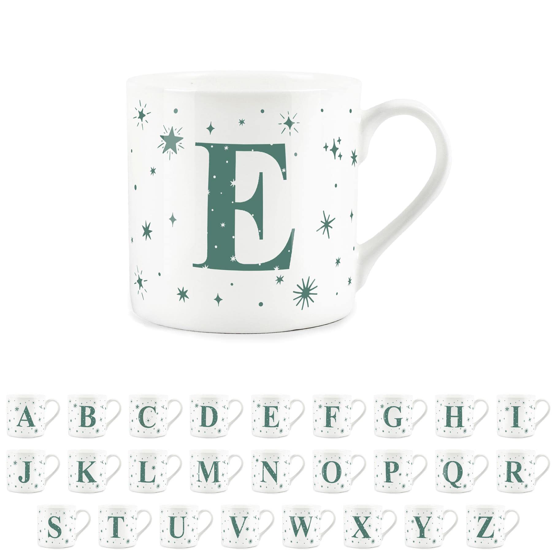 Purely Home Letter E Star Mug - Bone China White Coffee/Tea Present Gift - Alphabet Letter Mug with Stars in Teal Green Blue
