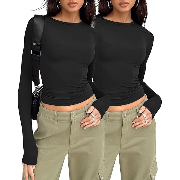 SKYZOO Womens Long Sleeve Shirts Basic Trendy Crop Tops Tees Tight