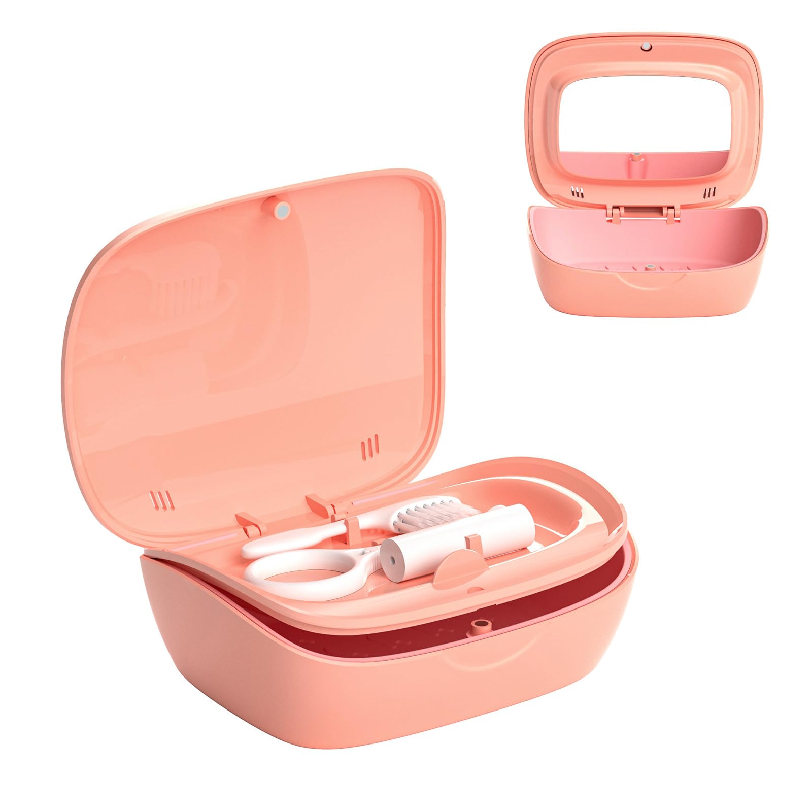 Retainer Case with Mirror & Vent Holes, Double-Layer Denture Organizer with Sturdy ABS, Soft Silicone Liner, and Magnetic Lid (Pink)