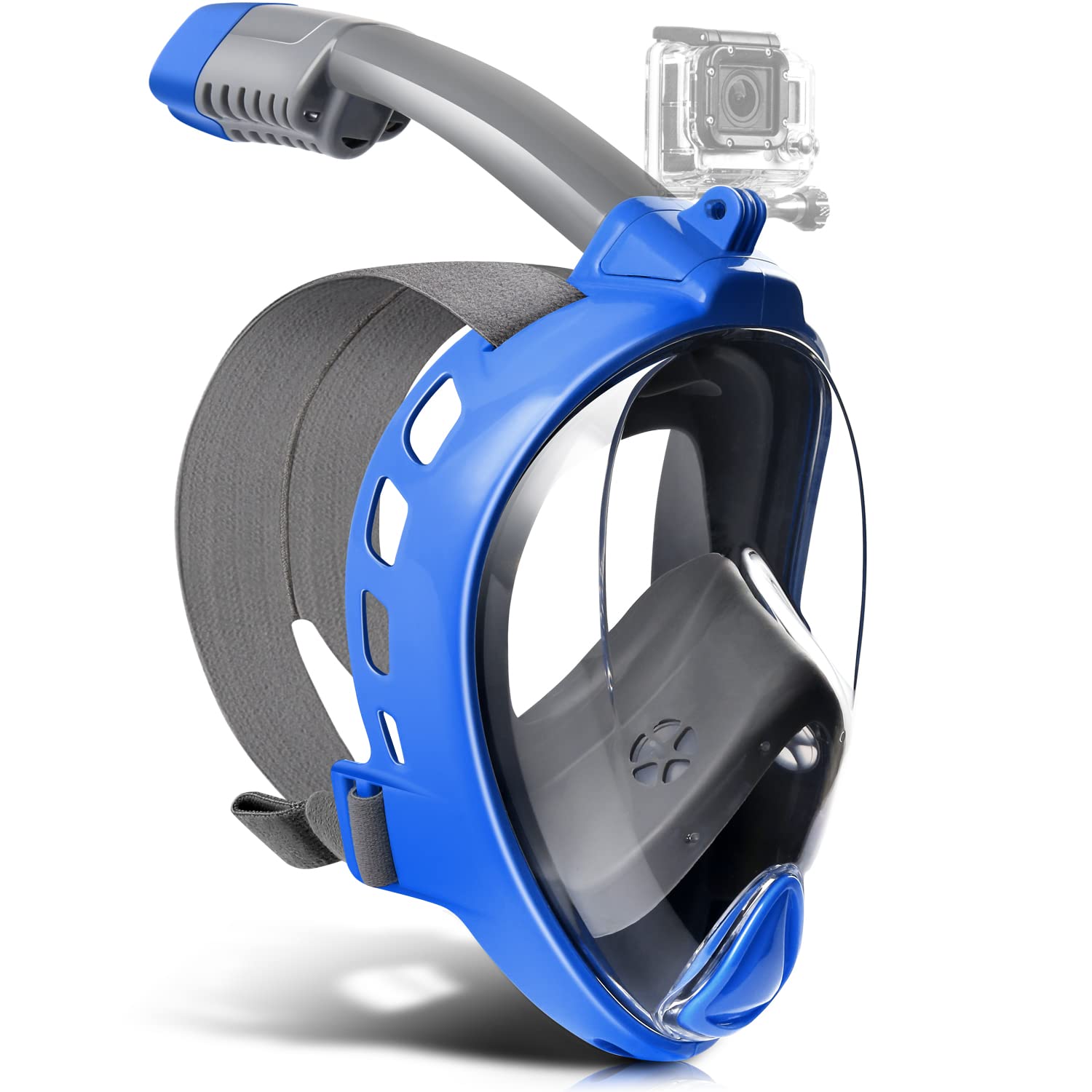 Odoland Snorkel Set for Man and Women, 180° Panoramic View Full Face Snorkeling Mask with Camera Mount, Dry Top Safety Breathing System Anti-Leak Anti-Fog Diving Mask for Adult Blue S