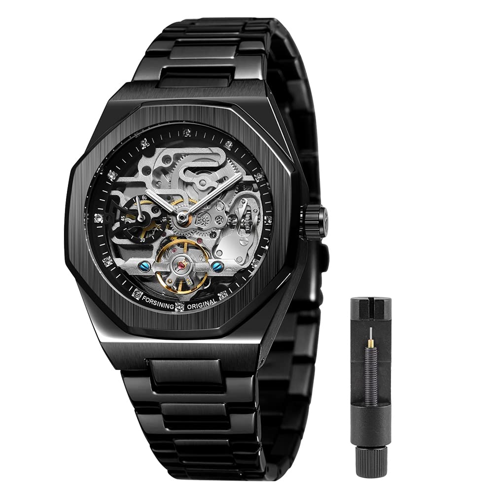 Tiong Fashion Black Stainless Steel Automatic Mechanical Watch Luxury Diamond Tourbillon Skeleton Watches for Men (FOR8202-Black
