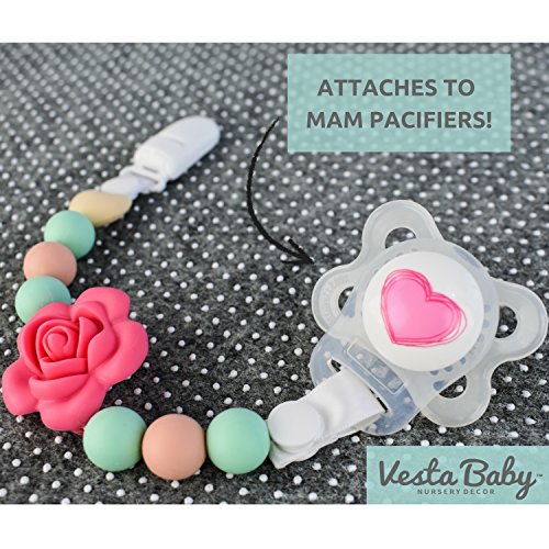 Vesta Baby Pacifier Clips with Silicone Teething Beads for Girls, 2 MAM Pacifier Clip Adapters, Soothie Pacifier Holder & Baby Teether Holder, Universal Binky Clips are Best Baby Girl Gifts, Set of 2