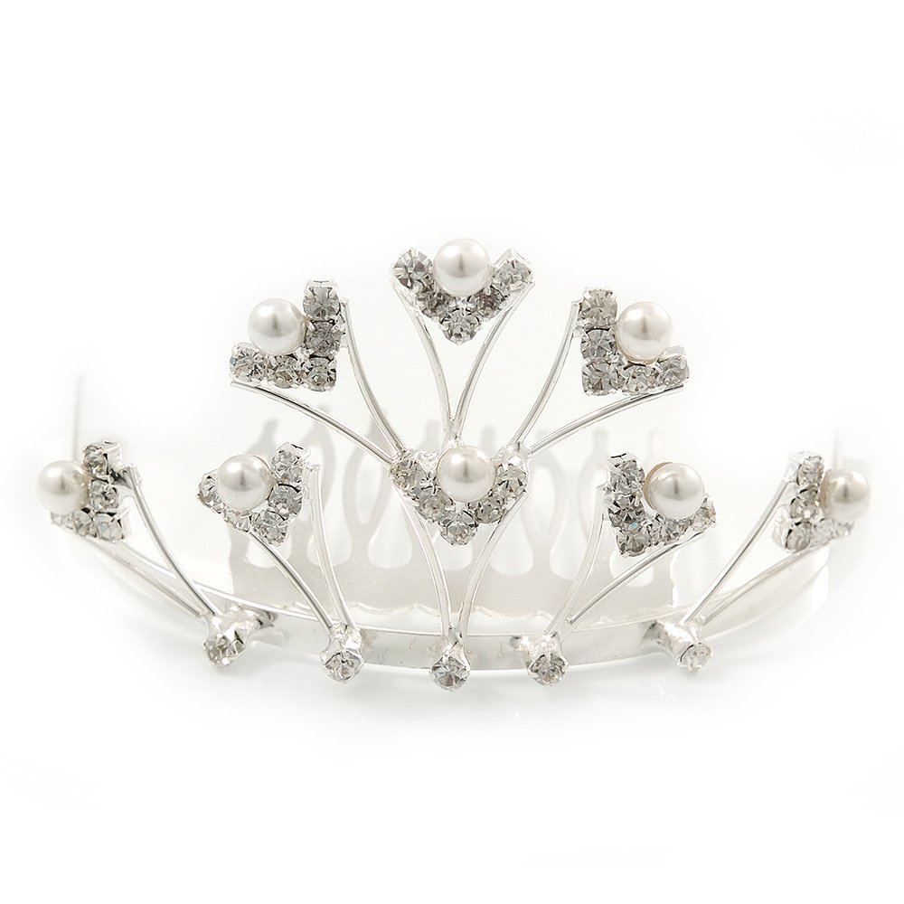 Avalaya Bridal/Wedding/Prom/Party Rhodium Plated White Simulated Pearl Bead and Diamante Mini Hair Comb Tiara - 75mm