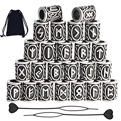 TecUnite 24 Pieces Braiding Beads Hair Beard Beads Rune Beads and Pull Hair Pin with Velvet Pouch for Hair Braiding Bracelet Necklace DIY