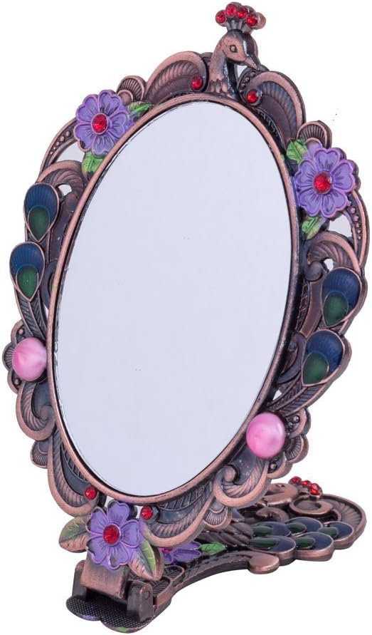Moiom Vintage Style Foldable Oval Peacock Pattern Makeup Hand/Table Mirror (Antique Silver): Home & Kitchen