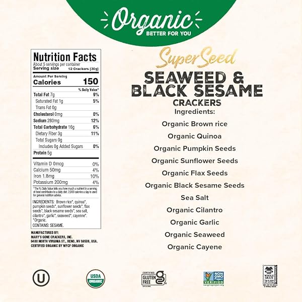 MARYS GONE CRACKERS, CRACKERS SUPER SEED BLACK SESAME SEAWEED ORGANIC, 5.5 OUNCE