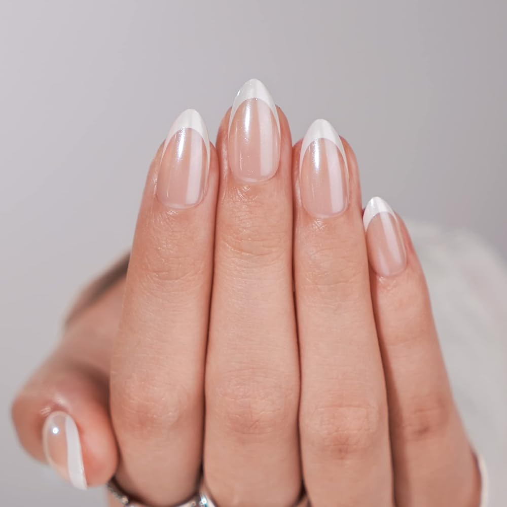 BTArtbox Press On Nails, Classic, Short Almond, White French Tip, 32Ct | Lamp-Curable 4-Week Wear, Salon-Quality Natural Nail
