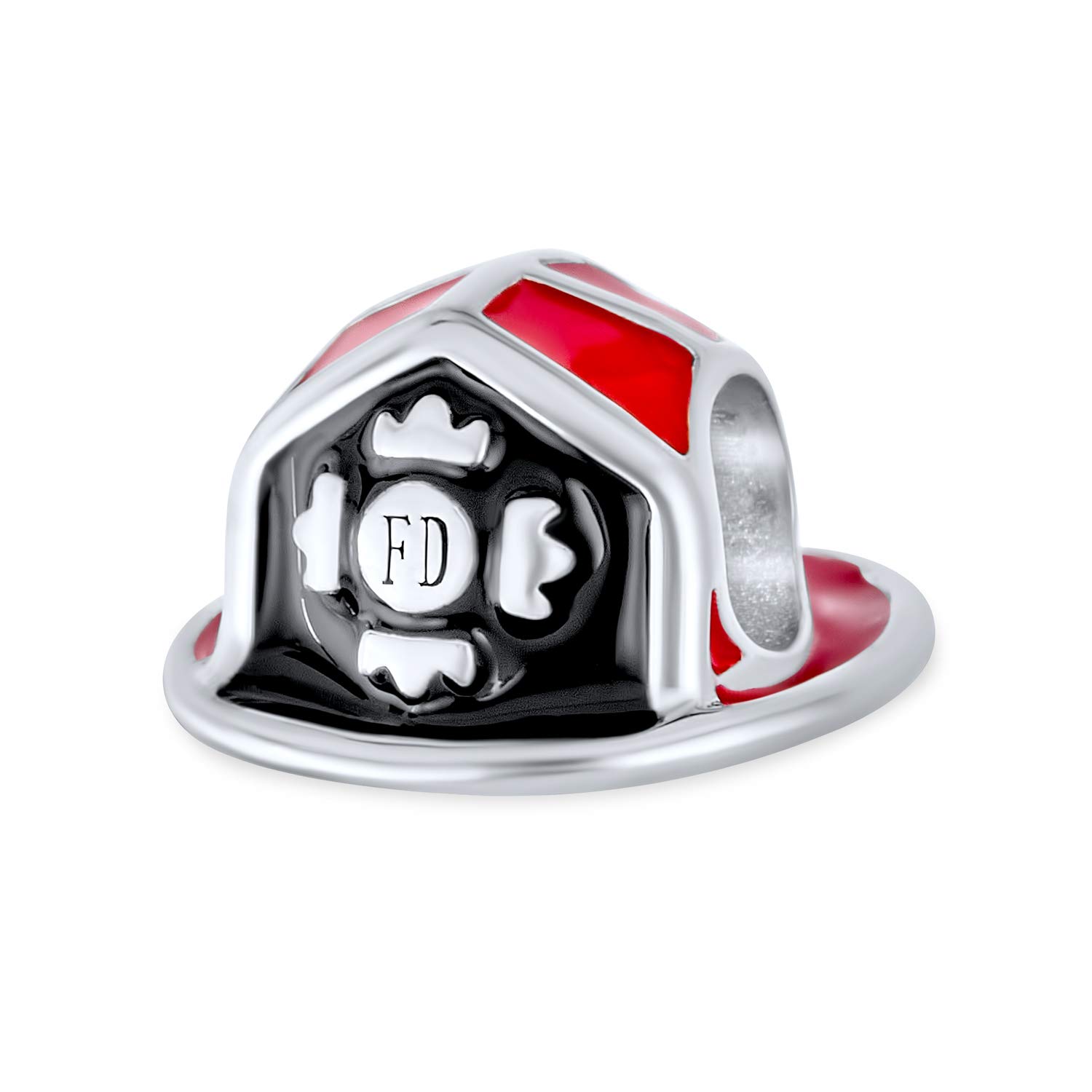 Bling Jewelry Fire Department Firefighter Hat Red Black Helmet Fireman Charm Bead For Women For Teen Wife .925 Sterling Silver Fits European Bracelet