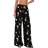 GORGLITTER Women's Graphic Wide Leg Pants Embroidery Drawstring High Waist Straight Leg Beach Vacation Baggy Trousers