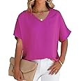 Allimy Women Summer Casual V Neck Textured Blouses Loose Short Sleeve Tops