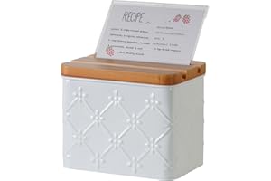 HOME PALETTE Recipe Box with Cards and Dividers Set 4x6 Recipe Holder for Kitchen Counter Metal White Floral Pattern Embossed