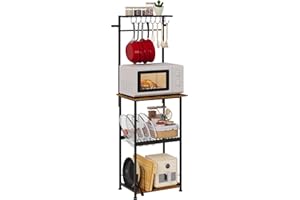 Jakyitvi 5-Tier Kitchen Stand Freestanding Microwave Stand with 8 Hooks Bakers Rack with Widening Countertop Kitchen Shelf with Removable Baffle Wires Floor Storage Rack for Kitchen