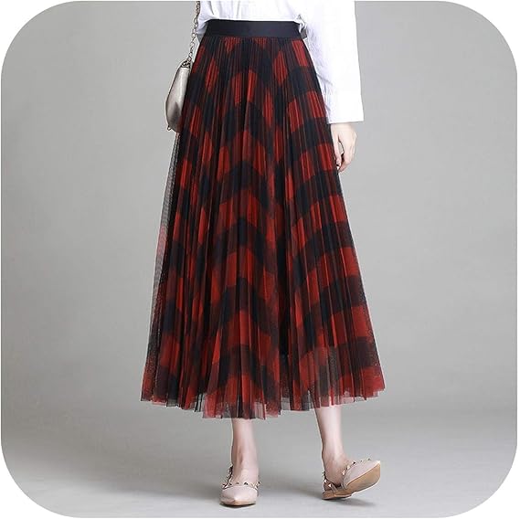 Amazon 初恋のゼリー春女性メッシュチュールスカートwf0096韓国人女性ロングハイウエストグリーンブルーレッドチェック柄プリーツ スカート Red One Size スカート 通販