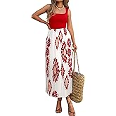 Mieazom Women's Sleeveless Pleated Maxi Dress Boho Floral Print Summer Sundress High Waist Flowy A-Line Casual Dress Red XL