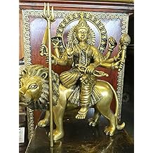 Brass Sculpture Statue Durga Seated on a Lion Hindu Goddess of Power Altar Yoga Meditation Decor