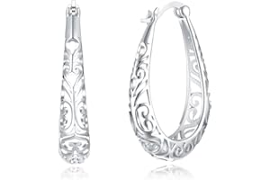 NEWZENRO Vintage Filigree 925 Sterling Silver Oval Chandelier Small Hoop Earrings for Women Fashion Boho Hollow-out Texture Flower Dainty Teardrop Huggie Hoops Dangle Hypoallergenic Click Top Trendy Jewelry Christmas Gifts Birthday