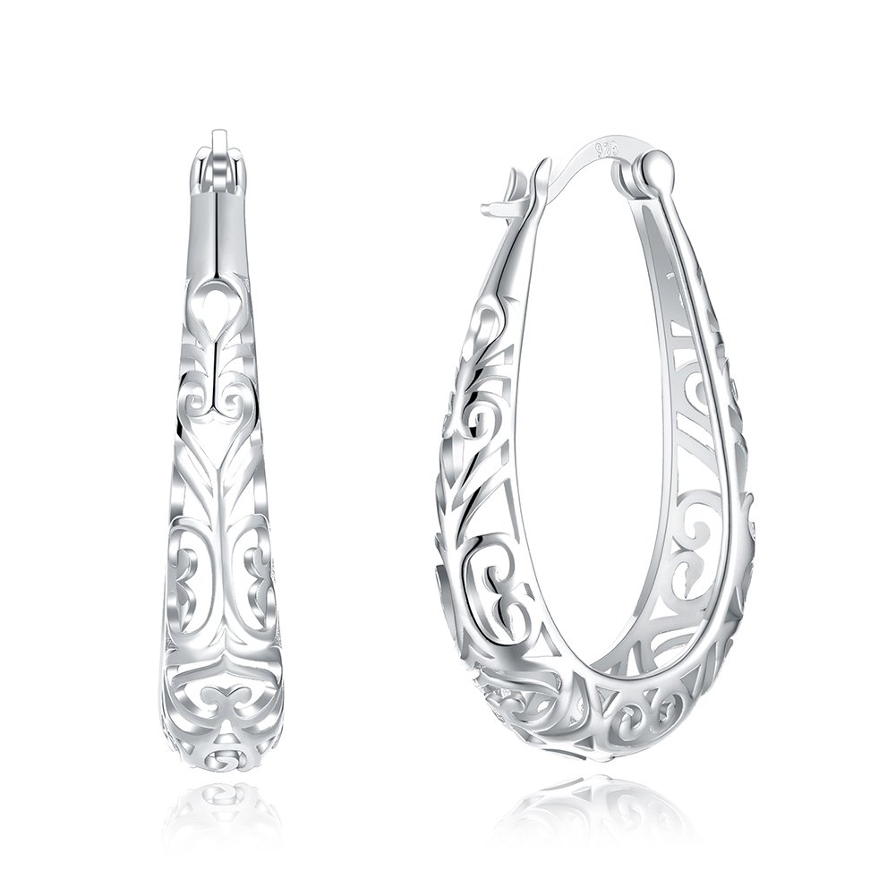 Vintage Filigree 925 Sterling Silver Small Hoop Earrings for Women Girls Fashion Oval Hollow-out Texture Flower Dainty Huggie Hoops Hypoallergenic Pierced Jewelry Gifts (Silver)