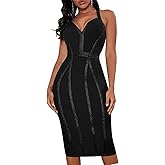 whoinshop Women's Bandage Halter V Neck Midi Cocktial Bodycon Club Party Dress