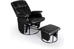 AODAILIHB Glider Chairs Rocking Chair with Ottoman 360° Swivel Chair PU Leather Upholstered Armchair Lounge Chair Sliding Chairs Set (Black)
