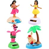 4 Pack Hawaii Girl Solar Powered Dancing Toys Flapping Wings Flamingo Car Shaking Head Dancer Doll Hawaii Toy Swing Figurines Car Windowsill Decor for Car Dashboard Toys Gift Office Desk Decor