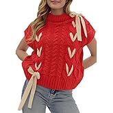 Women Sleeveless Lace Up Ribbon Sweater Mock Neck Cap Sleeve Knit Vest Cute Bow Crochet Pullover Y2k Aesthetic Top