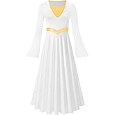 Vavewee Metallic Praise Dance Dress for Women Liturgical Dancewear Bell Long Sleeve Church Worship Robe