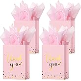 Tinlade 12 Pcs Thank You Gift Bags with Tissue Paper Gold Polka Dots Thank You Bags with Handle Party Favor for Wedding Birthday Baby Shower Business Shopping(Pink)