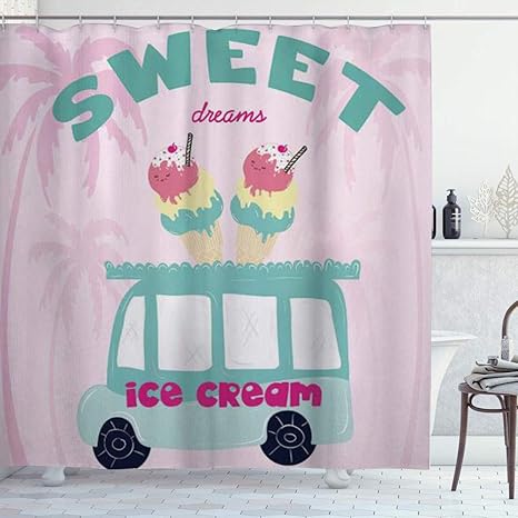 Amazon Kapanou 防水 シャワーカーテン かわいいアイスクリーム車イラストベクトル かわいいシャワーカーテン ユニットバス バスルーム 芸術の装飾 180cmx180cm バスフック付き 取り付け簡単 シャワーカーテン ホーム キッチン オンライン通販