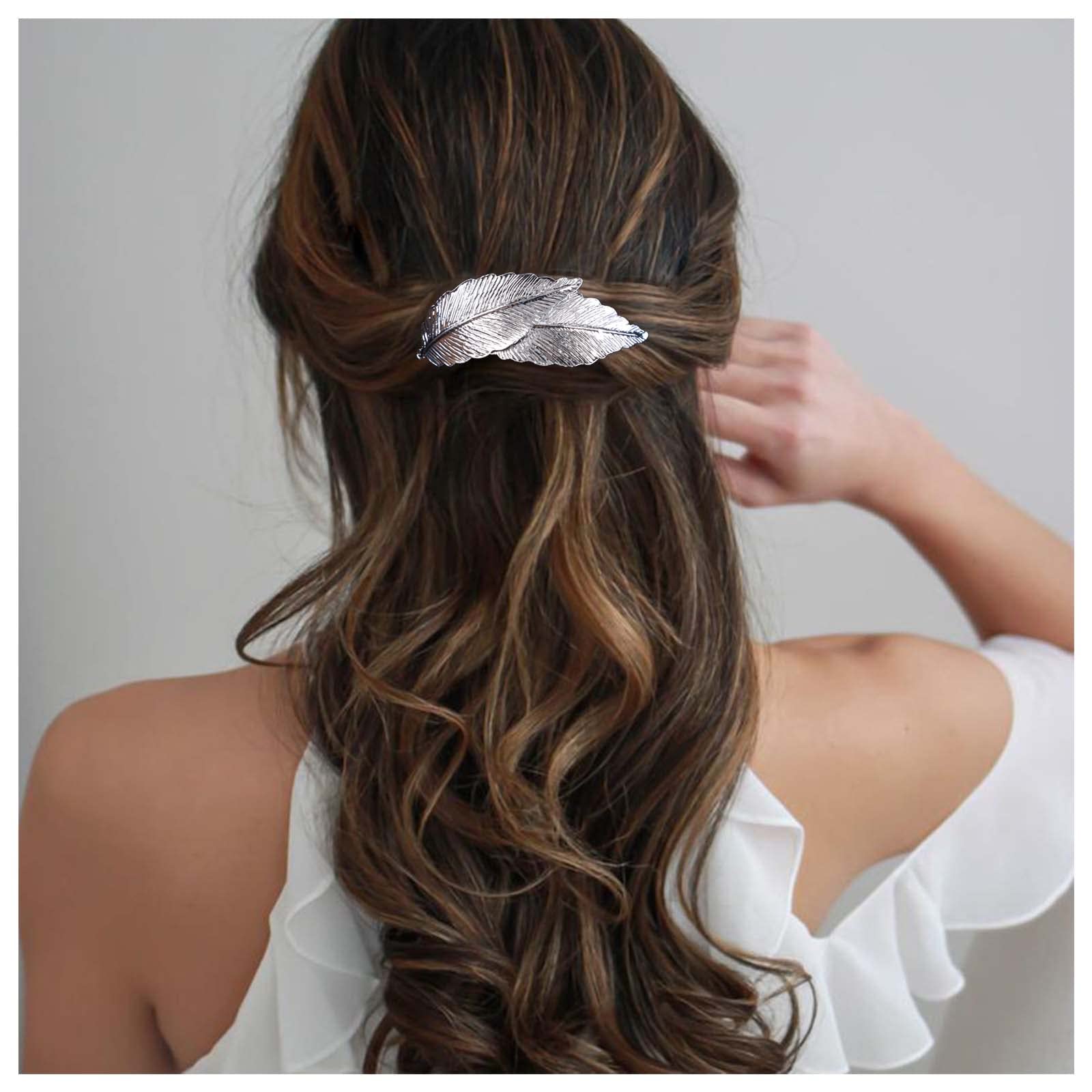 Inilbran Vintage Feather Hair Clip - Silver Metal Leaf Barrette Head Clips - Decorative French Hair Accessories for Women and Girls