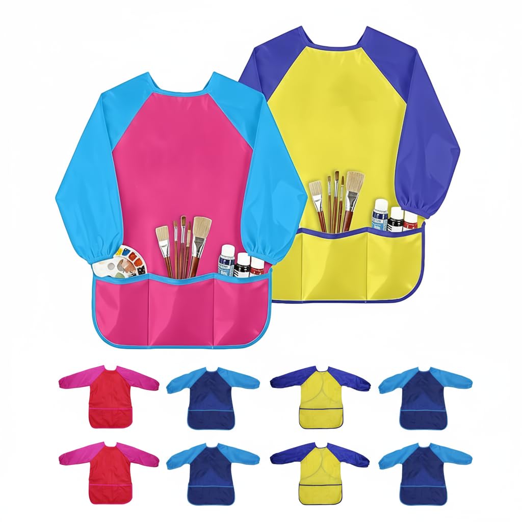 HEUIOP 8 Pack Kids Painting Apron, Waterproof Children Toddler Art Smock with Long Sleeves and 3 Roomy Pockets, Age 2-5 Years Boys and Girls Play Apron for Painting, Cooking, Baking
