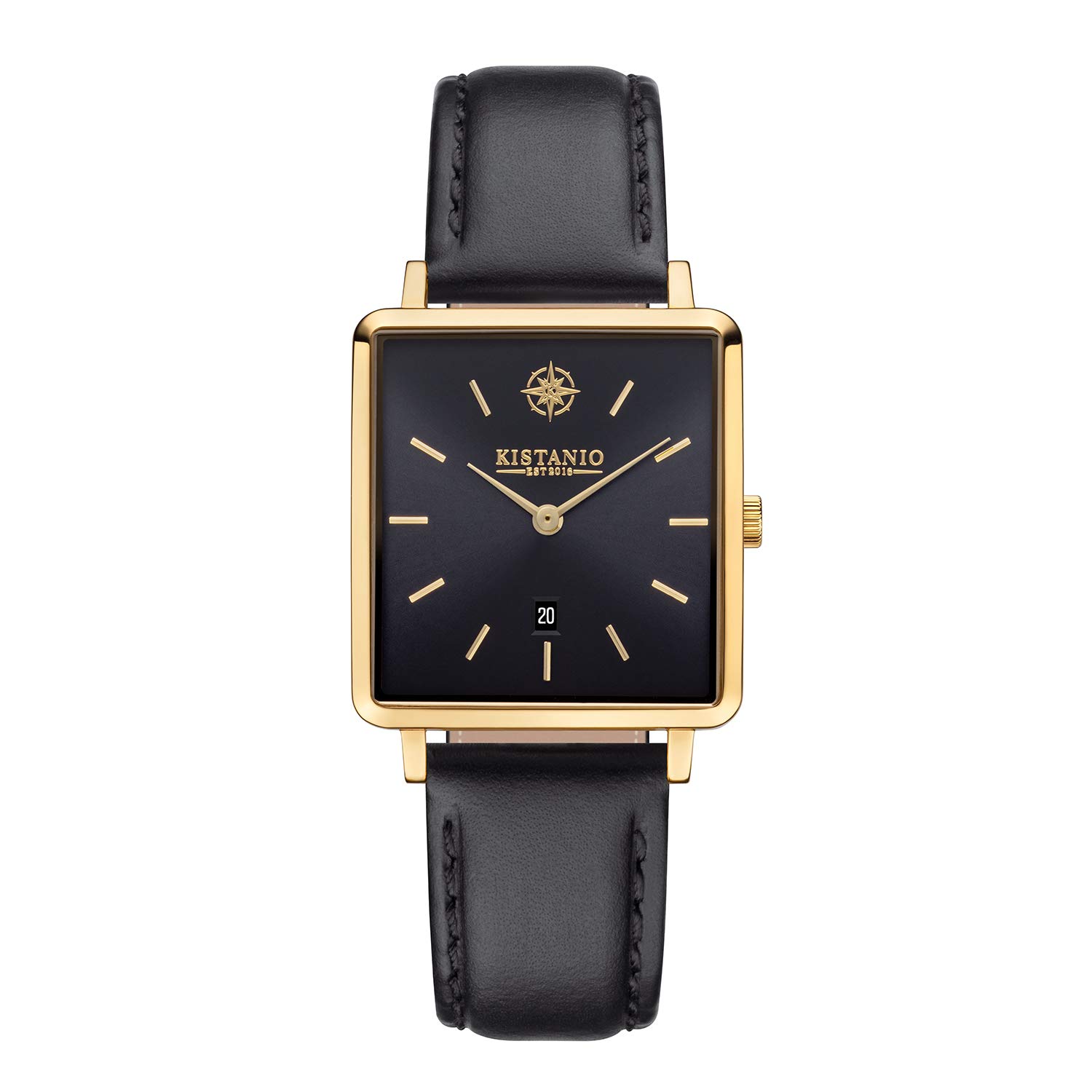 Kistanio Carré GO-BLKS-L-BLK Women's Watch with Leather Strap Date Stainless Steel Gold-Plated Sapphire Glass