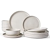 Famiware Meteor Plates and Bowls Sets for 4, 12 Pieces Dinnerware Sets, Microwave and Dishwasher Safe Dishes Set, Creamy White