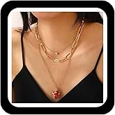 Zeshimb Red Heart Crystal Necklace Double Heart Pendant Necklace Layered Paperclip Chain Rose Heart Necklace Dainty Flower Wrap Heart Statement Necklace Valentines Gifts Jewelry for Women