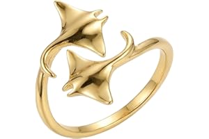 Women's Gold Manta Ray Ring, Elegant 14K Gold Double Manta Ray Ring, Adjustable Wrap Ring with Marine Animal Design.