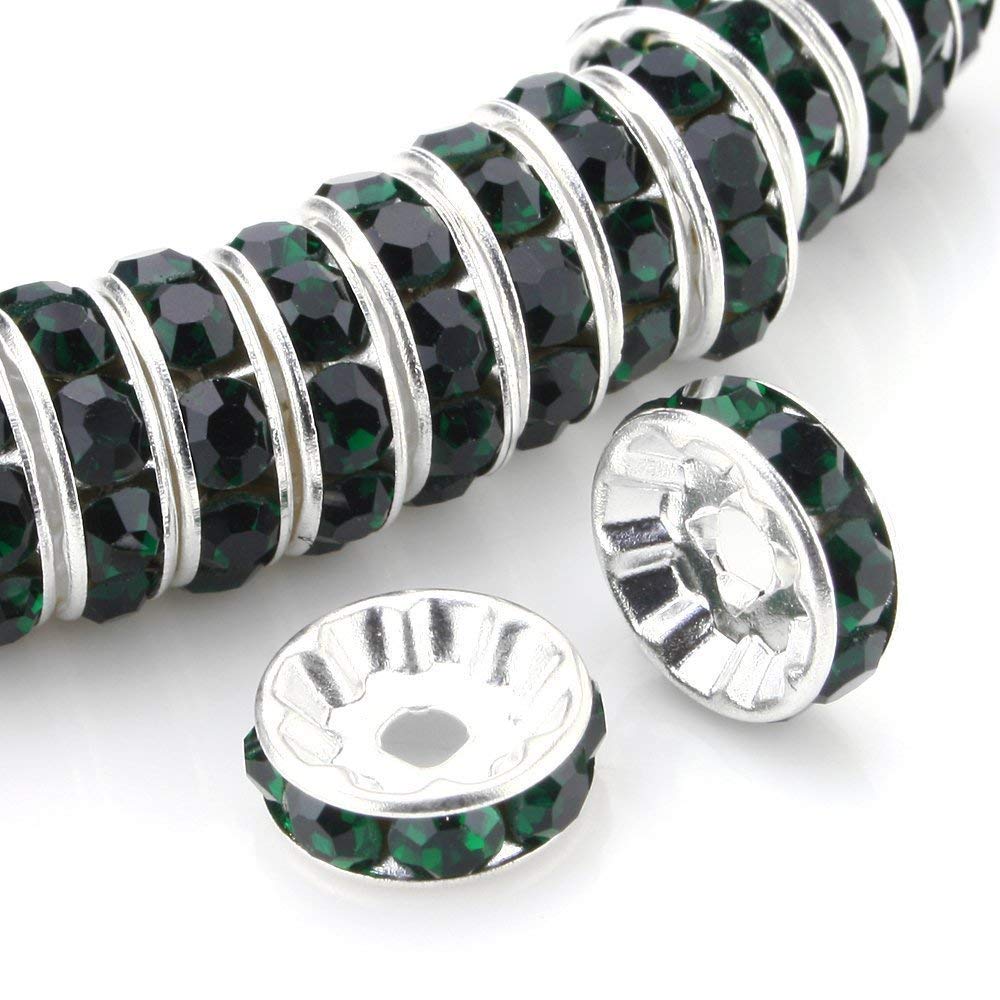 RUBYCA 100pcs Round Rondelle Spacer Charm Bead 4mm Silver Tone Dark Emerald Green Czech Crystal DIY