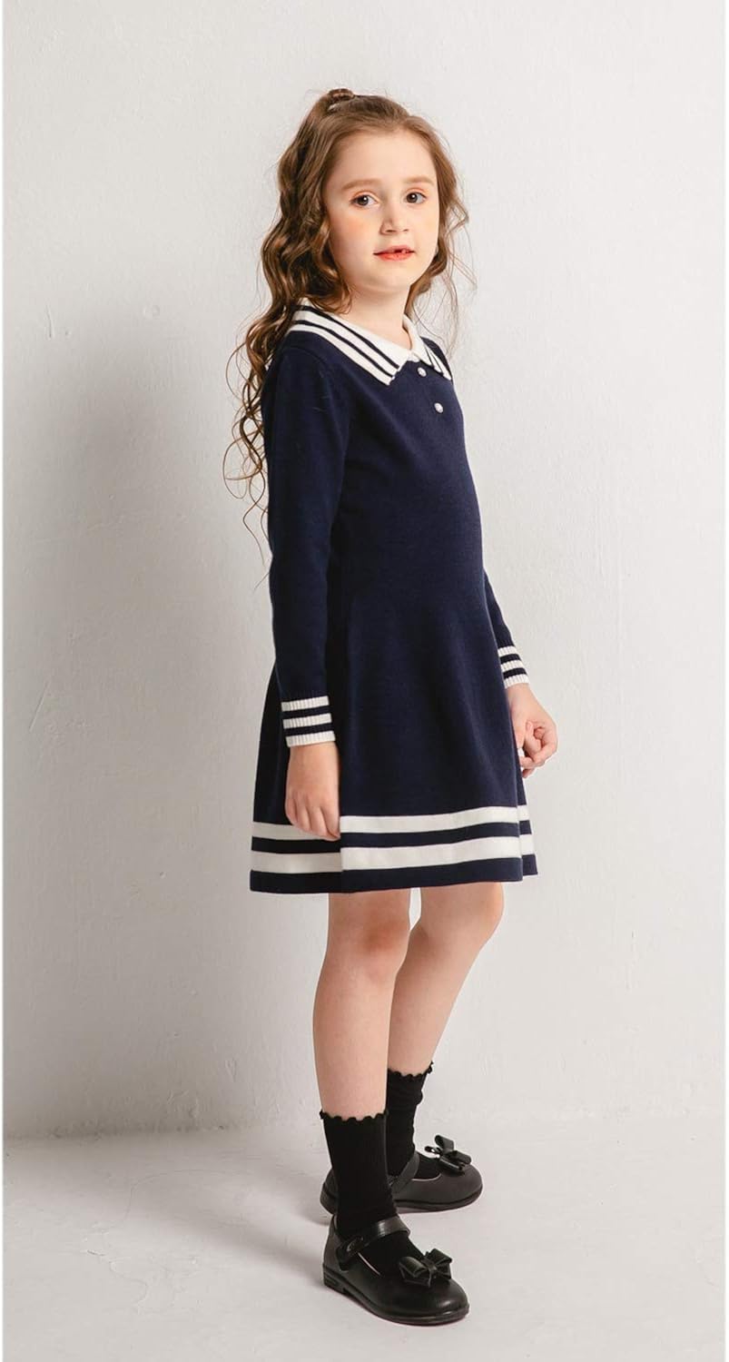 SMILING PINKER Girls Uniform Dresses Long Sleeve School Polo Striped Knit Sweater Dress: Clothing