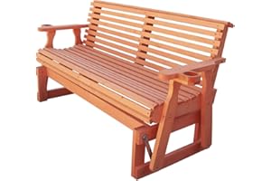 BENEOUYA Porch Glider Heavy Duty 800 LBS 5FT Roll Back Pressure Treated with Cupholders, Wood Patio Glider Chairs Bench with High Roll Back and Deep Contoured 2-Seater for Backyard, Poolside, Garden