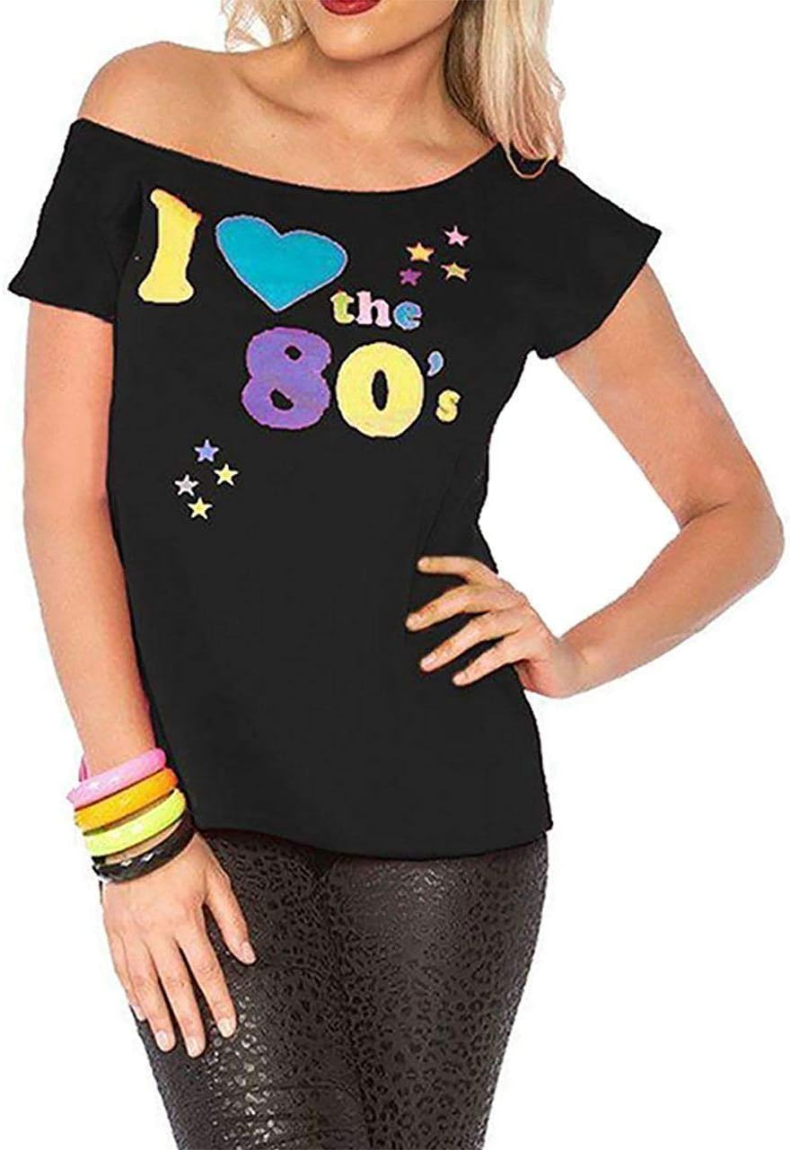 Deluxe I Love The 80's Ladies Pop Star T-Shirt Black Sexy Retro Top Fancy Dress Costume (20)