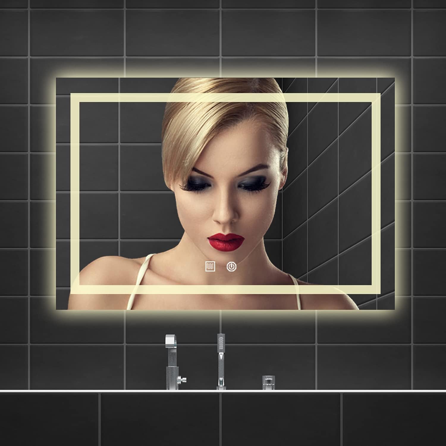 FITOLOGY Rectangle LED Bathroom Mirror Anti Fog Dimmable, Wall Mounted Vanity Mirror with Lights, IPX4 Waterproof Smart Makeup Mirror Large (36"x28"): Kitchen & Dining
