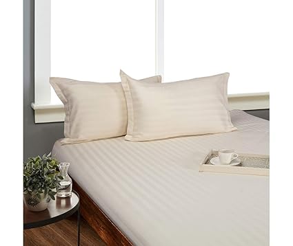 MAFATLAL Cream Satin Stripes Cotton Bed Sheet King Size with 2 Pillow Covers - Kingsize (Cream Color)