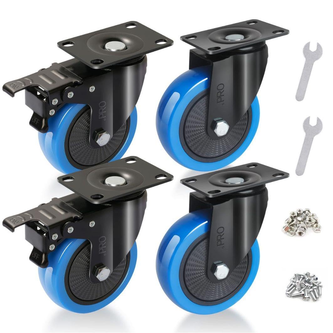 .PRO Heavy Duty 600kg 100mm Swivel Trolley Caster Wheels (Blue) - Industrial Strength Furniture Moving Casters with Screws, Bolts, Locking, Non-Marking (2 wheels with brakes 2 wheels without brakes)