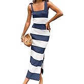 Saodimallsu Womens Summer Sleeveless Bodycon Sweater Dress Striped Knit Tie Square Neck Side Slit Midi Tank Dresses