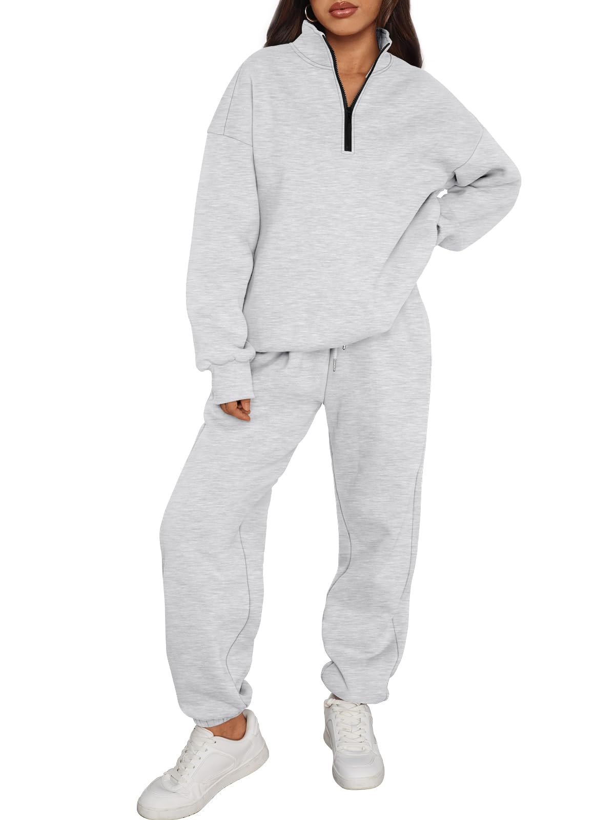Photo 1 of *** 1 PC *** Trendy Queen Womens Sweatsuits 2 Piece Outfits Fall Lounge Sweat Sets Half Zip Sweatshirts with Baggy Sweatpants Grey M