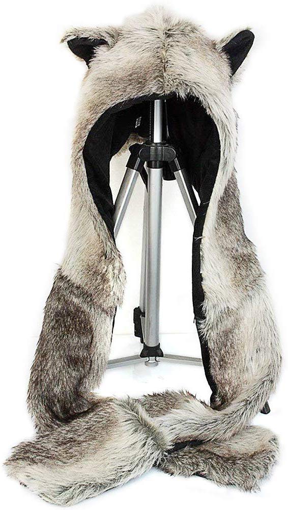 powerking 3 in 1 Multi-Functional Plush Fur Faux Animal Hat Hoods Mittens Scarf Gloves Rave Wear with Paws Prints and Ears