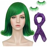 Chuangdi 3 Pcs Halloween Women Green Costume Wig with Scarf Eyelashes Short Green Cosplay Costume Wigs for Movie Cosplay(Classic)