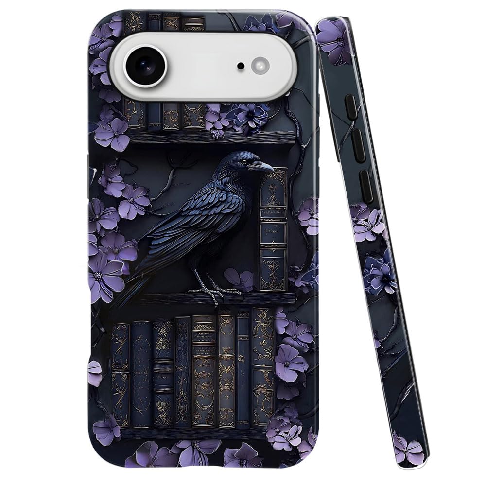 TnXee Case Compatible with iPhone 17 Air,Fall Prevention Bright Hybrid 2-Layer Hard Shell Phone Case for Girls Boys,Purple Floral Crow Bookshelf