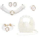 NIAN@WU 4-piece set of hand-beaded women's woven bag, a white dinner bag, wallet, necklace, bracelet, earrings, and package for weddings
